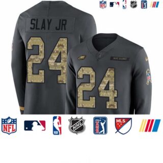 Nike Eagles #24 Darius Slay Jr Anthracite Salute to Service Men's Stitched NFL Limited Therma Long Sleeve Jersey