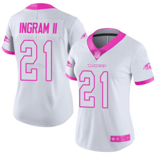 Ravens #21 Mark Ingram II White Pink Women's Stitched Football Limited Rush Fashion Jersey