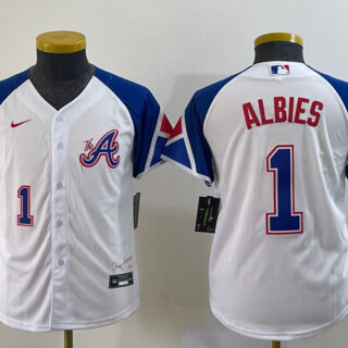 Women's Atlanta Braves #1 Ozzie Albies White 2023 City Connect With Patch Stitched Baseball Jersey(Run Small)