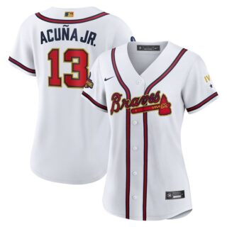 Women's Atlanta Braves #13 Ronald Acuña Jr 2022 White Gold World Series Champions Program Stitched Jersey(Run Small)