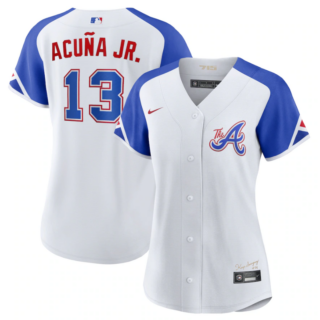 Women's Atlanta Braves #13 Ronald Acuña Jr. White 2023 City Connect Stitched Baseball Jersey(Run Small)