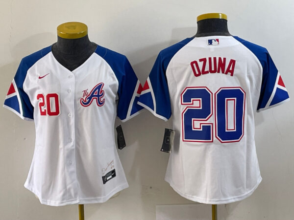 Women's Atlanta Braves #20 Marcell Ozuna White 2023 City Connect Stitched Baseball Jersey(Run Small)