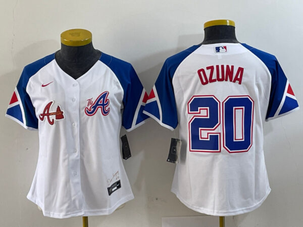 Women's Atlanta Braves #20 Marcell Ozuna White 2023 City Connect Stitched Baseball Jersey(Run Small)
