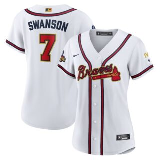 Women's Atlanta Braves #7 Dansby Swanson 2022 White Gold World Series Champions Program Stitched Jersey(Run Small)