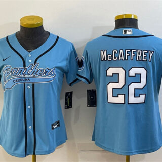 Women's Carolina Panthers #22 Christian McCaffrey Blue With Patch Cool Base Stitched Baseball Jersey(Run Small)