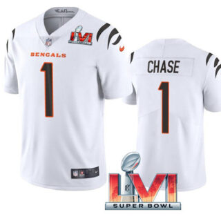 Women's Cincinnati Bengals #1 Ja'Marr Chase 2022 White Super Bowl LVI Vapor Limited Stitched Jersey