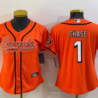 Women's Cincinnati Bengals #1 Ja'Marr Chase Orange With Patch Cool Base Stitched Baseball Jersey(Run Small)