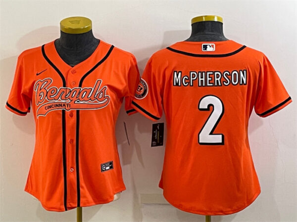 Women's Cincinnati Bengals #2 Evan McPherson Orange With Patch Cool Base Stitched Baseball Jersey(Run Small)