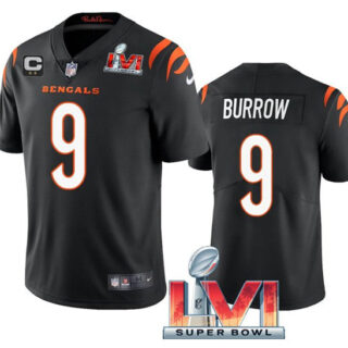 Women's Cincinnati Bengals #9 Joe Burrow 2022 Black With C Patch Super Bowl LVI Vapor Limited Stitched Jersey