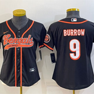 Women's Cincinnati Bengals #9 Joe Burrow Black With Patch Cool Base Stitched Baseball Jersey(Run Small)