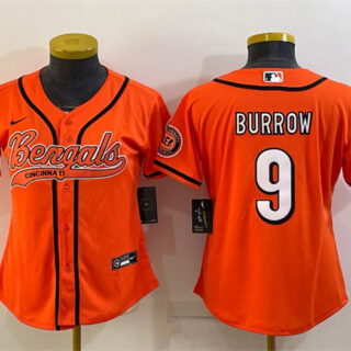 Women's Cincinnati Bengals #9 Joe Burrow Orange With Patch Cool Base Stitched Baseball Jersey(Run Small)
