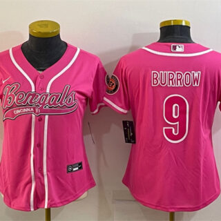 Women's Cincinnati Bengals #9 Joe Burrow Pink With Patch Cool Base Stitched Baseball Jersey(Run Small)