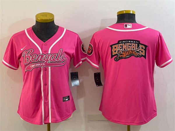 Women's Cincinnati Bengals Pink Team Big Logo With Patch Cool Base Stitched Baseball Jersey(Run Small)