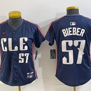 Women's Cleveland Guardians #57 Shane Bieber Navy 2024 City Connect Limited Stitched Baseball Jerseys