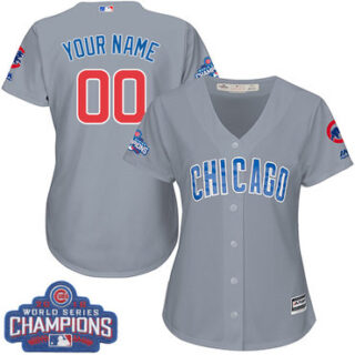 Women's Customized MLB Majestic Road Chicago Cubs 2016 World Series Champions Cool Base Grey Jersey