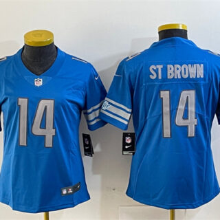 Women's Detroit Lions #14 Amon-Ra St. Brown Blue Vapor Limited Stitched Football Jersey(Run Smaller)
