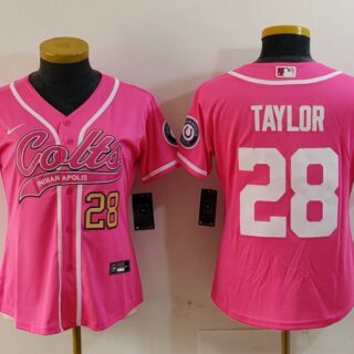 Women's Indianapolis Colts #28 Jonathan Taylor Pink With Patch Cool Base Stitched Baseball Jersey(Run Small)