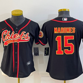 Women's Kansas City Chiefs #15 Patrick Mahomes Black With Patch Cool Base Stitched Baseball Jersey(Run Small)