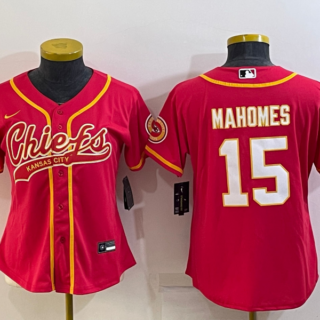 Women's Kansas City Chiefs #15 Patrick Mahomes Red With Patch Cool Base Stitched Baseball Jersey(Run Small)