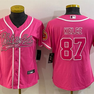 Women's Kansas City Chiefs #87 Travis Kelce Pink With Patch Cool Base Stitched Baseball Jersey(Run Small)