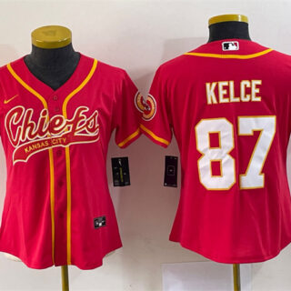 Women's Kansas City Chiefs #87 Travis Kelce Red With Patch Cool Base Stitched Baseball Jersey(Run Small)