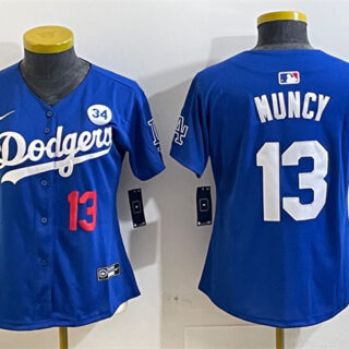 Women's Los Angeles Dodgers #13 Max Muncy Royal 2024 World Series With No. 34 Patch Alternate Limited Stitched Baseball Jersey(Run Small)