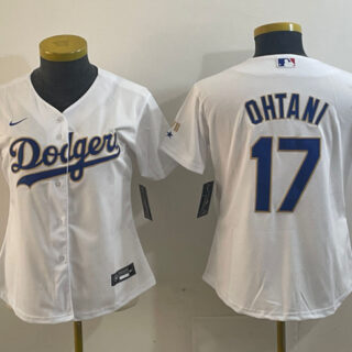 Women's Los Angeles Dodgers #17 Shohei Ohtani White Gold Stitched Jersey(Run Small)