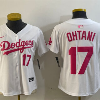 Women's Los Angeles Dodgers #17 Shohei Ohtani White Pink Vin & Kobe Patch Limited Stitched Baseball Jersey(Run Small)