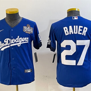 Women's Los Angeles Dodgers #27 Trevor Bauer Blue 2024 World Series City Connect Cool Base Stitched Jersey(Run Small)