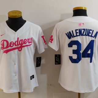 Women's Los Angeles Dodgers #34 Fernando Valenzuela White Pink Vin & Kobe Patch Stitched Baseball Jersey(Run Small)