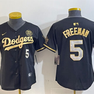 Women's Los Angeles Dodgers #5 Freddie Freeman Black 1 Gold 2024 World Series With Fernando Memorial Patch Limited Stitched Baseball Jersey(Run Small)