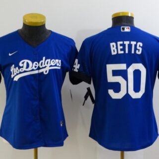 Women's Los Angeles Dodgers #50 Mookie Betts Blue 2021 City Connect Cool Base Stitched Jersey