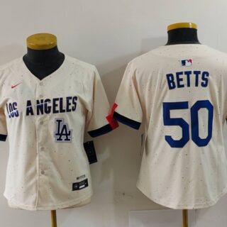 Women's Los Angeles Dodgers #50 Mookie Betts Cream Stitched Jersey(Run Small)