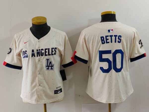 Women's Los Angeles Dodgers #50 Mookie Betts Cream Stitched Jersey(Run Small)