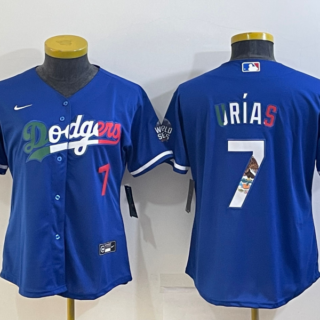 Women's Los Angeles Dodgers #7 Julio Urias Royal Mexico Cool Base Stitched Jersey(Run Small)