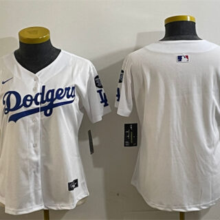 Women's Los Angeles Dodgers Blank White 2024 World Series With Fernando Memorial Patch Home Limited Stitched Baseball Jersey(Run Small)