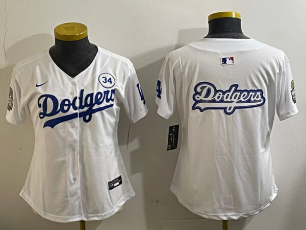 Women's Los Angeles Dodgers Blank White 2024 World Series With No. 34 Patch Home Limited Stitched Baseball Jersey(Run Small)