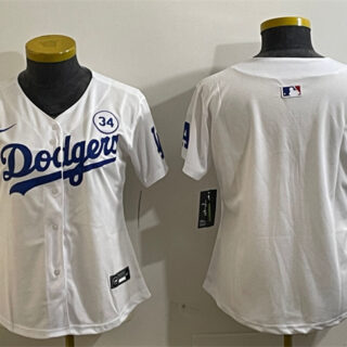 Women's Los Angeles Dodgers Blank White 2024 World Series With No. 34 Patch Home Limited Stitched Baseball Jersey(Run Small)