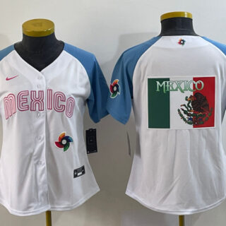 Women's Mexico Baseball 2023 White Blue Big Logo World Baseball Classic With Patch Stitched Jersey(Run Small)