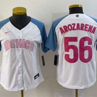 Women's Mexico Baseball #56 Randy Arozarena 2023 White Blue World Baseball Classic Stitched Jersey(Run Small)