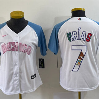 Women's Mexico Baseball #7 Julio Urías 2023 White Blue World Baseball Classic Stitched Jersey(Run Small)