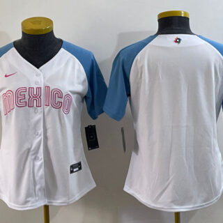 Women's Mexico Baseball Blank 2023 White Blue World Baseball Classic Stitched Jersey(Run Small)