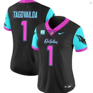 Women's Miami Dolphins #1 Tua Tagovailoa Black F.U.S.E. With 2-Star C Patch 'Miami Vice' Vapor Limited Stitched Football Jersey(Run Small)