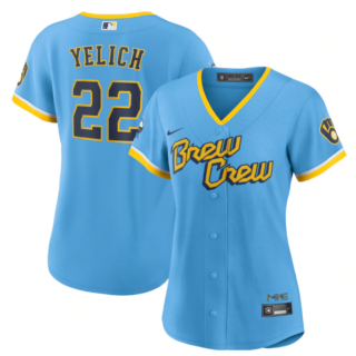 Women's Milwaukee Brewers #22 Christian Yelich 2022 Powder Blue City Connect Cool Base Stitched Jersey(Run Small)