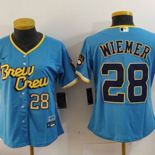 Women's Milwaukee Brewers #28 Joey Wiemer Powder Blue City Connect Cool Base Stitched Jerseys