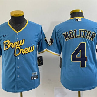 Women's Milwaukee Brewers #4 Paul Molitor 2022 Powder Blue City Connect Cool Base Stitched Jersey(Run Small)