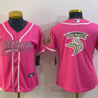 Women's Minnesota Vikings Pink Team Big Logo With Patch Cool Base Stitched Baseball Jersey(Run Small)