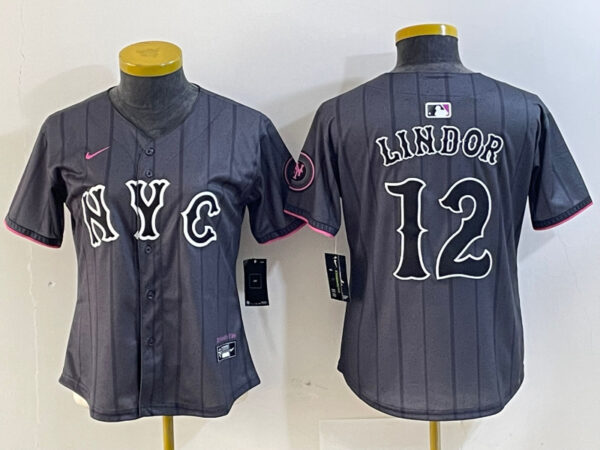 Women's New York Mets #12 Francisco Lindor Graphite 2024 City Connect Limited Stitched Baseball Jersey(Run Small)