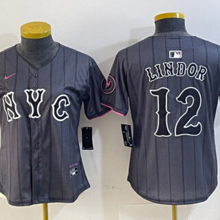 Women's New York Mets #12 Francisco Lindor Graphite 2024 City Connect Limited Stitched Baseball Jersey(Run Small)