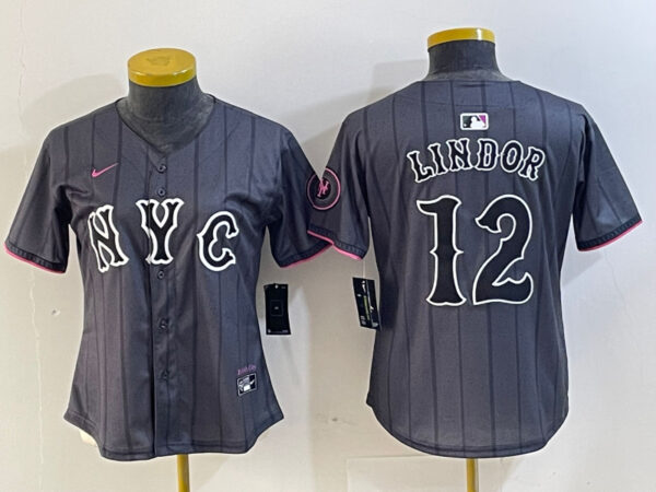 Women's New York Mets #12 Francisco Lindor Graphite 2024 City Connect Limited Stitched Baseball Jersey(Run Small)